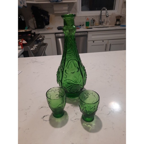 Other - Vintage Empoli Green  Fruits Bottle  Glass‎ Decanter With 2 Shot Glasses